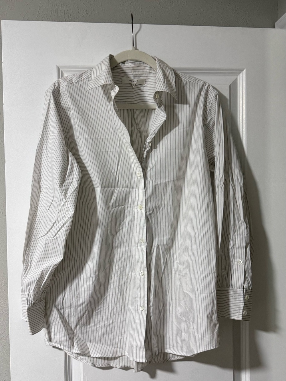 Frame Denim White Button-Down Shirt with Thin Gray Stripes